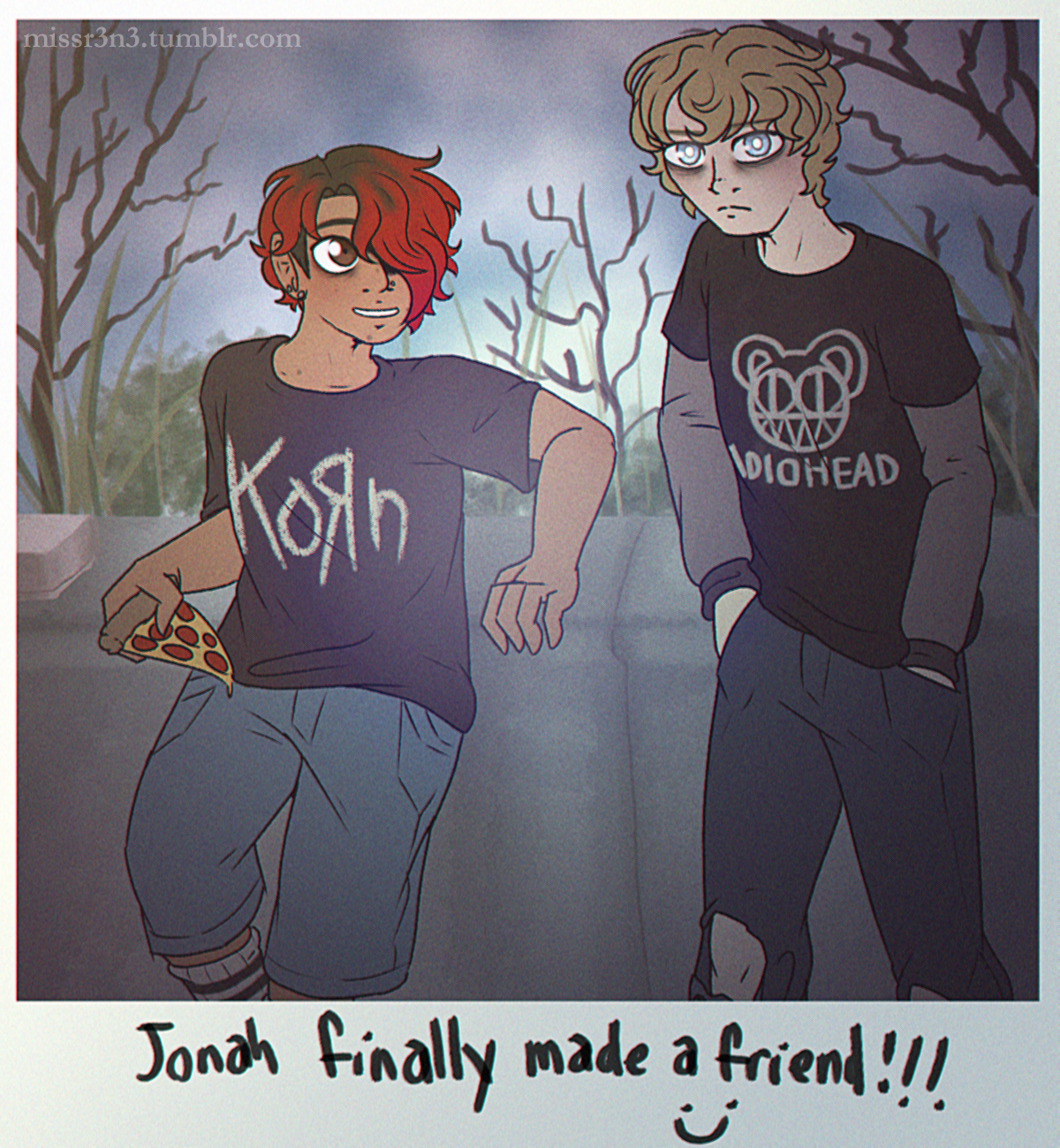 a polaroid of adam and jonah hanging out in a courtyard as middle schoolers. text on the white of the polaroid reads 'jonah finally made a friend!'